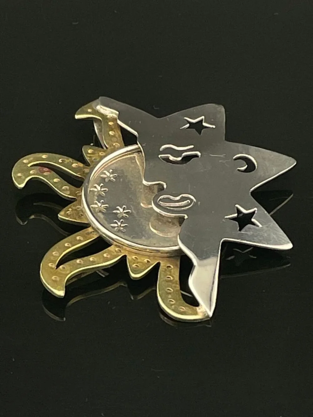 Vintage Mexico 925 Sterling Silver & Brass Celestial Sun Moon Brooch Pin Artisan